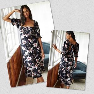 ANTHROPOLOGIE Puff Sleeve Floral Lillies Print Smocked Midi Dress Medium